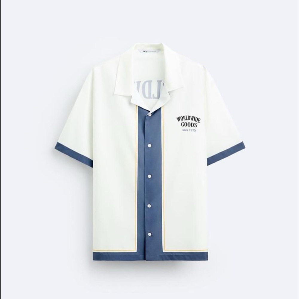 ZARA World Wide Goods White and Blue Button-Up Short Sleeve Shirt - Picture 4 of 5